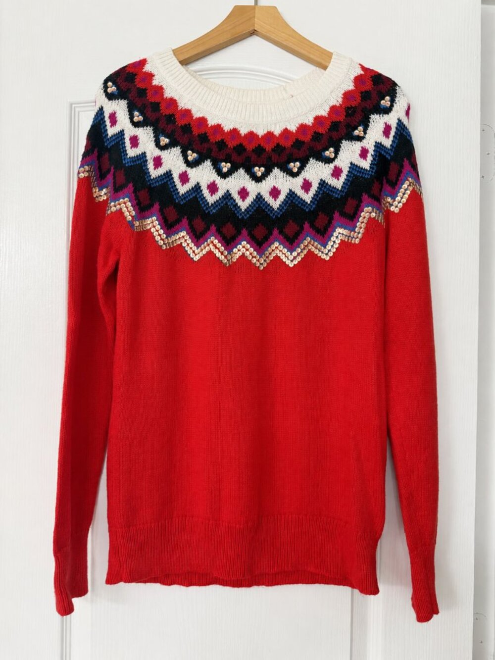 Old Navy • Red Fair Isle Gold Sequin Crewneck Sweater Medium